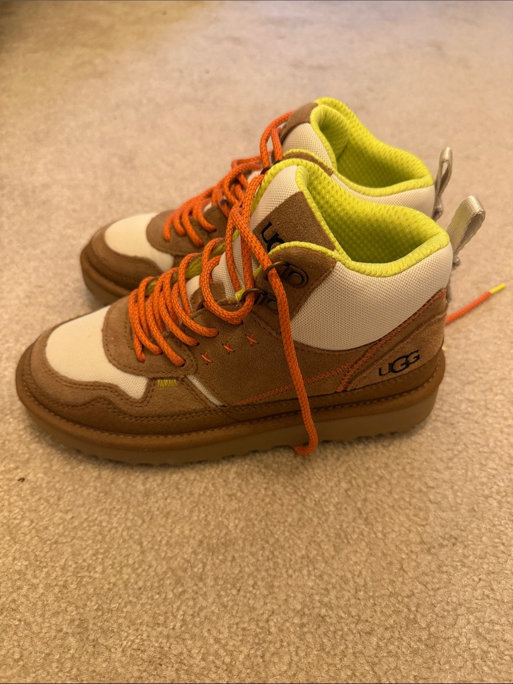 UGG Brown Suede High-Top Sneakers with Neon Yellow Lining